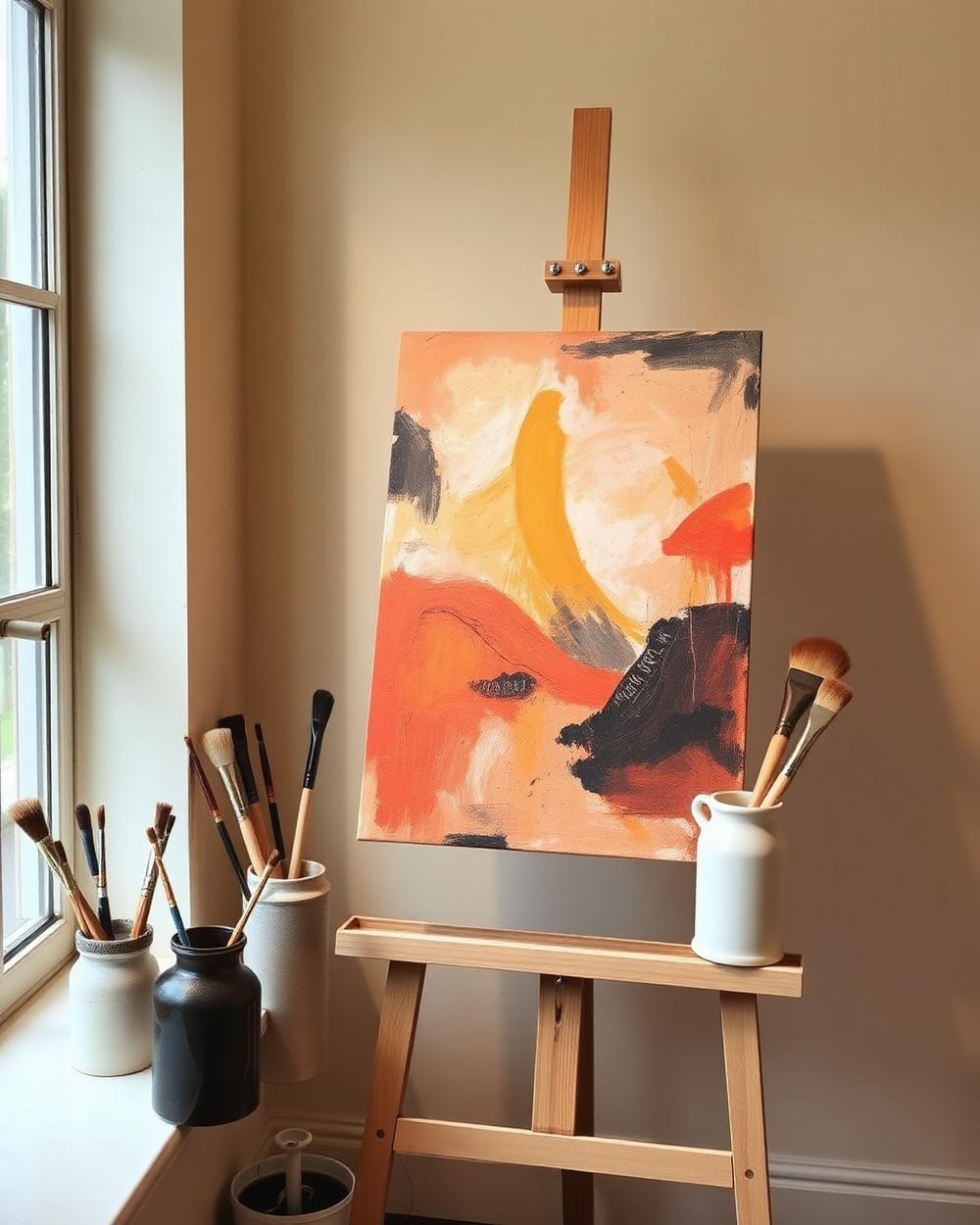 Artist portrait placeholder — studio with easel and brushes