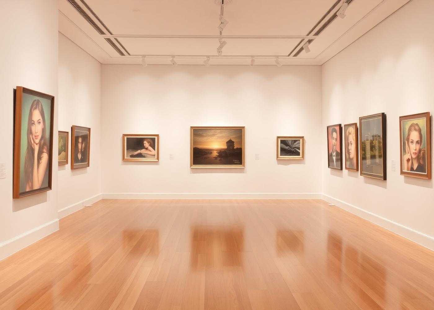 Elegant gallery interior with framed artwork on ivory walls