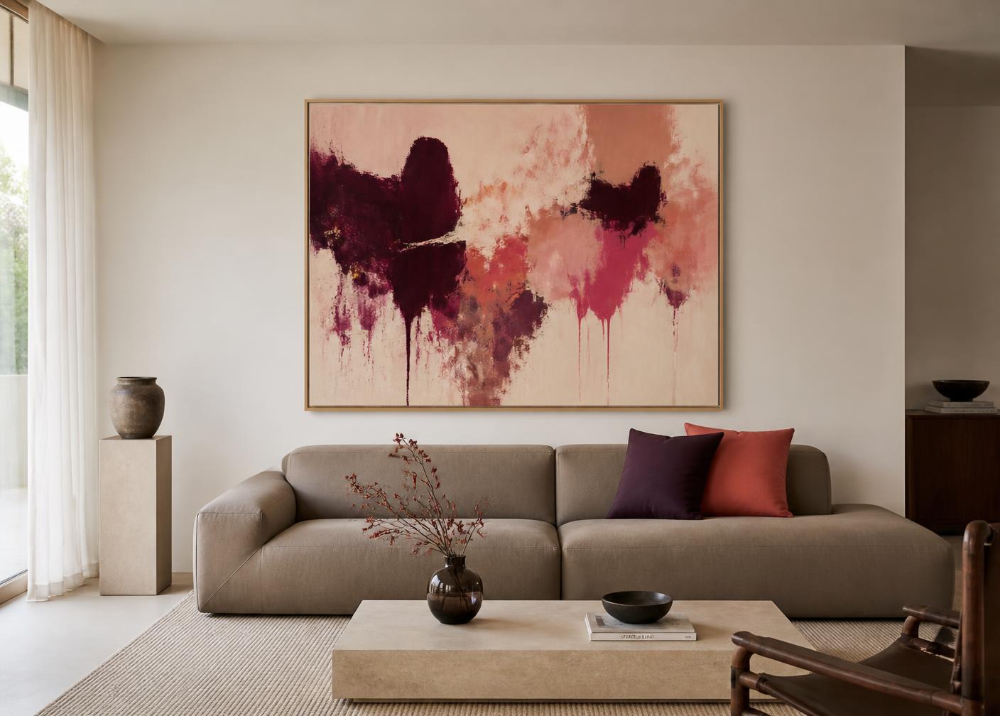 Sample framed abstract print displayed above a sofa in an elegant living room