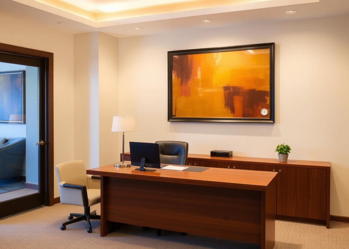 Sample framed abstract print displayed in a refined professional office