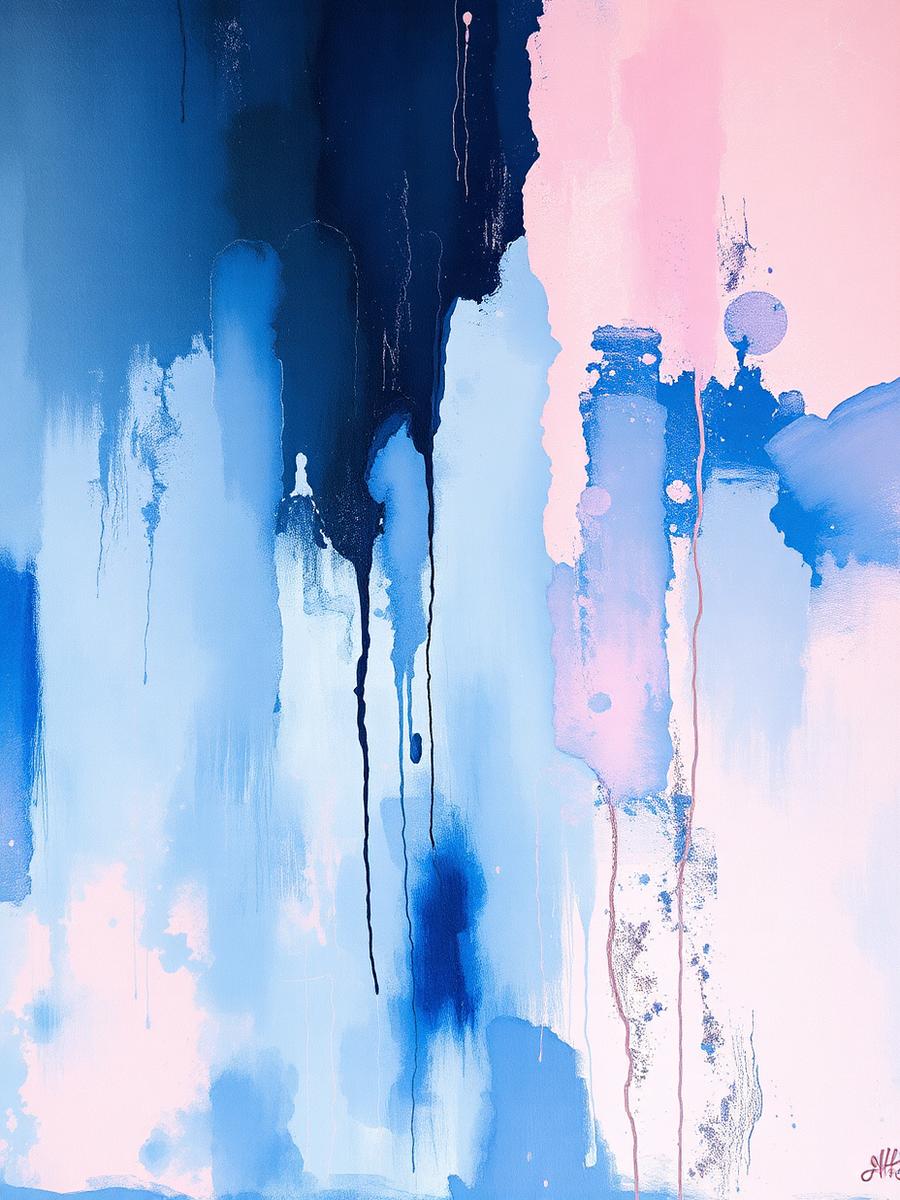 Sample artwork placeholder titled Reflections in Motion — abstract composition in blue & rose